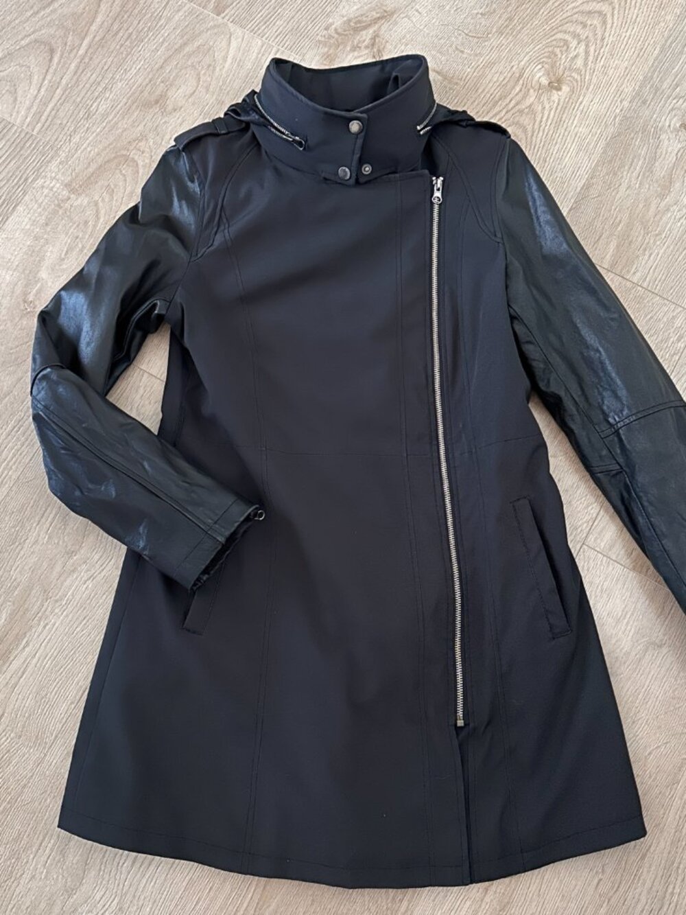 Women's Moto Trench Coat Jacket sz L - Black